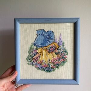 Vintage Cross-Stitch Wall Art Girl in Bonnet with Flowers Cottagecore Embroidery